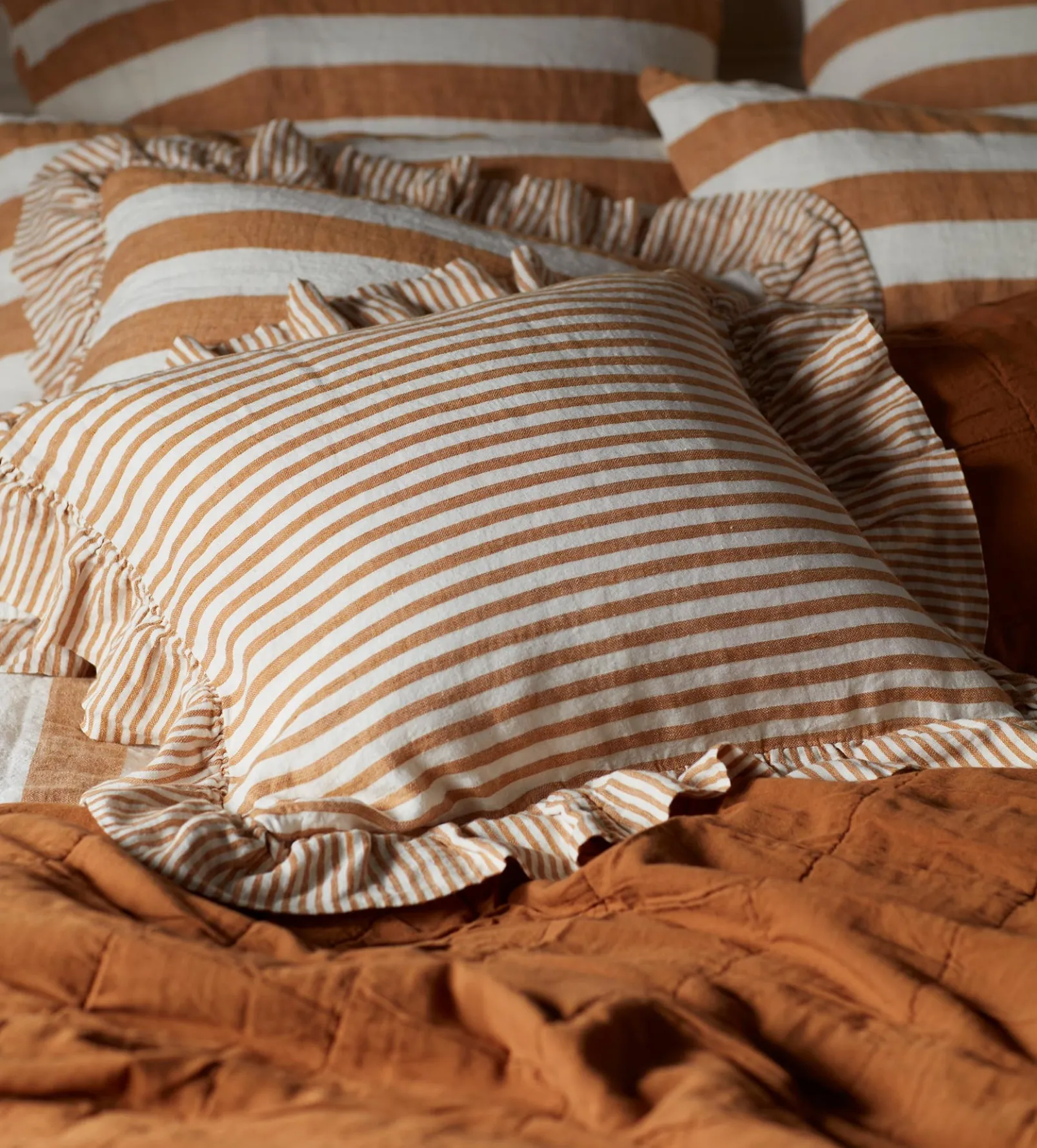 Amber Cora Mid Stripe 100% Linen Frill Edge Cushion Cover