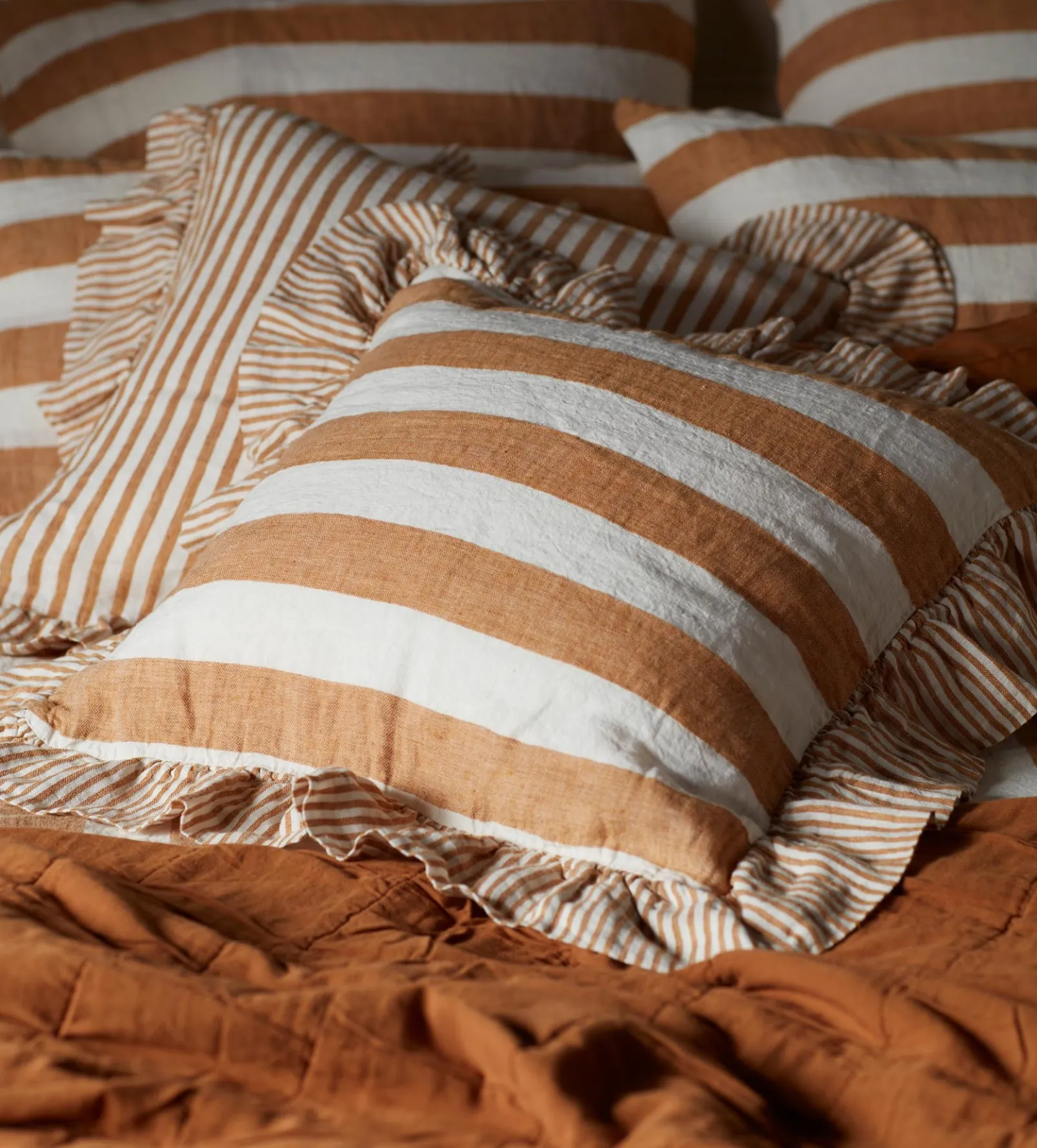 Amber Cora Wide Stripe 100% Linen Frill Edge Cushion Cover