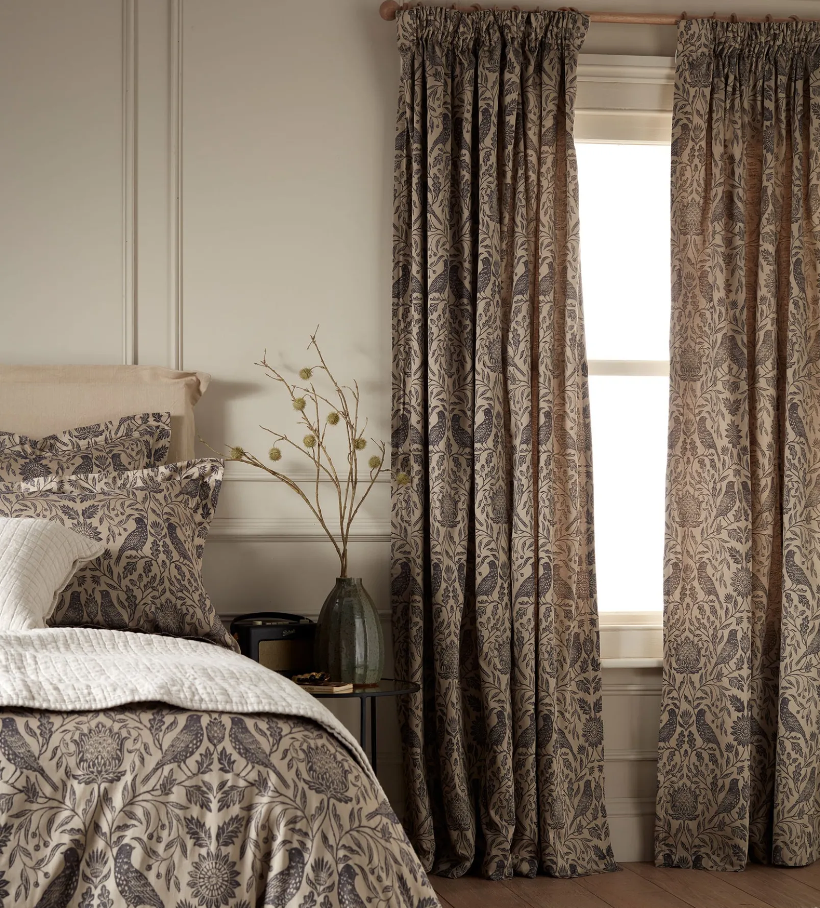 Birdie Jacquard 100% Cotton Lined Pencil Pleat Curtain (Pair)