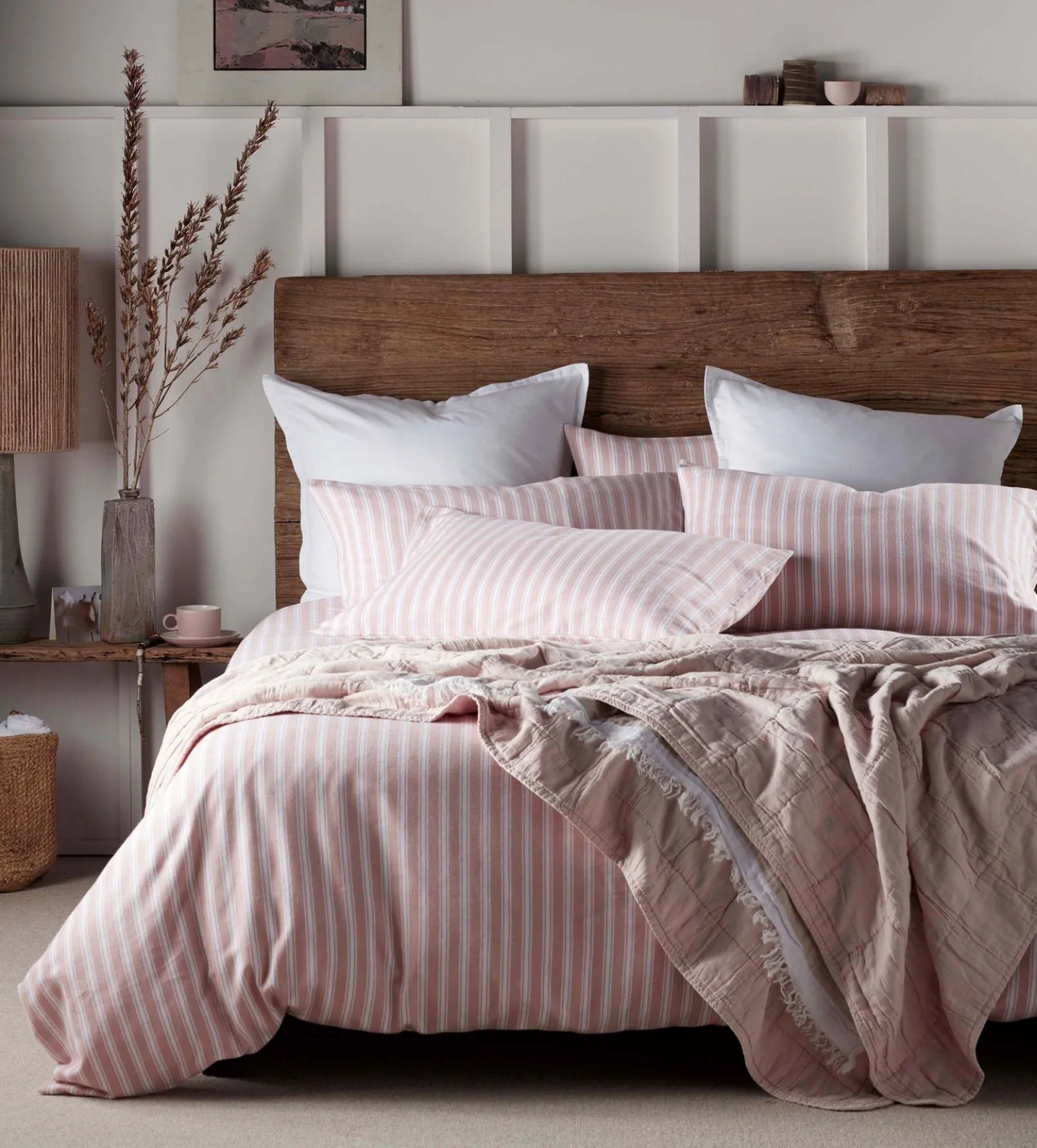 Blush Pink Fred Stripe Brushed 100% Organic Cotton Pillowcase