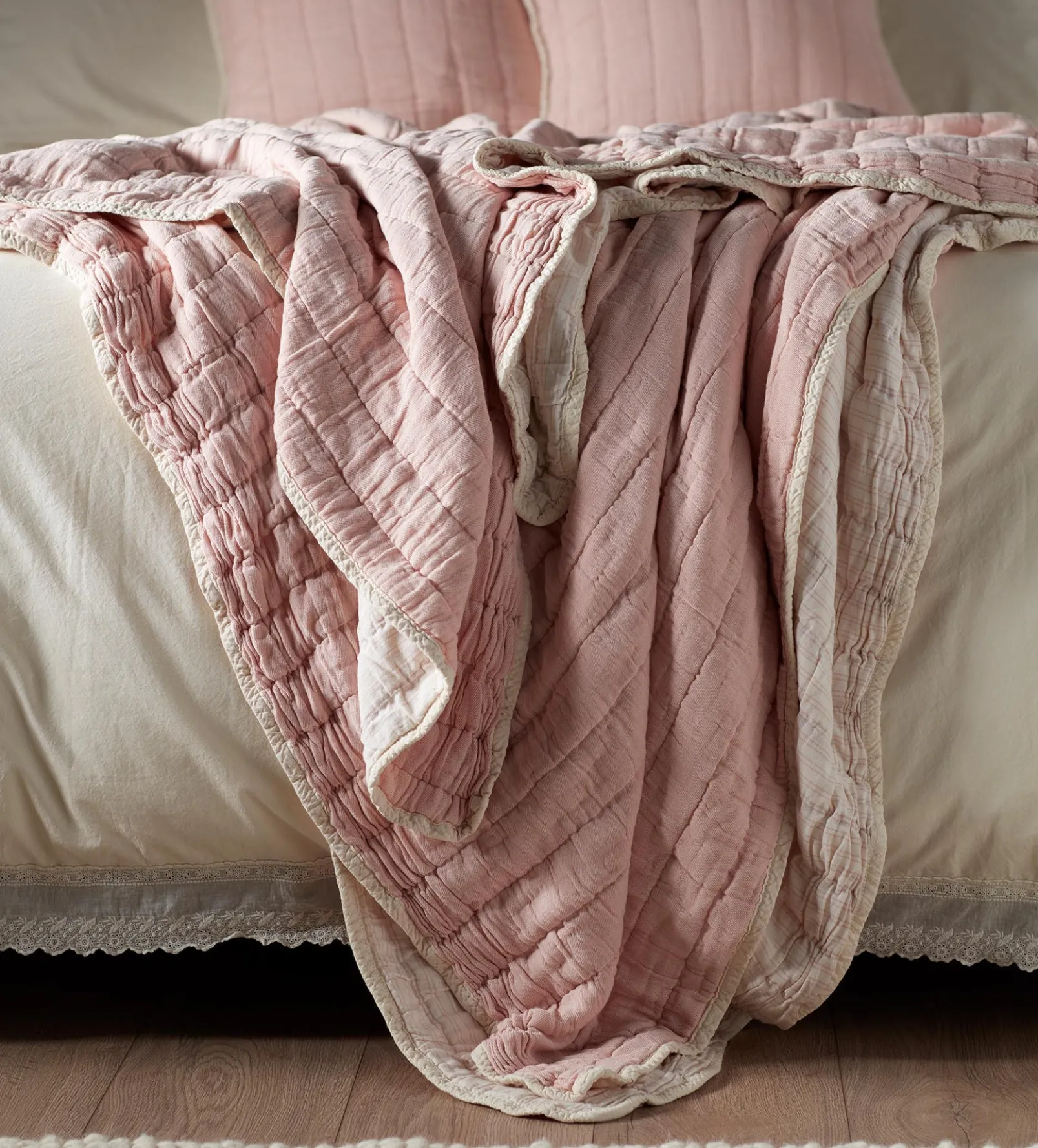 Blush Pink Vivienne 100% Cotton Quilted Throw