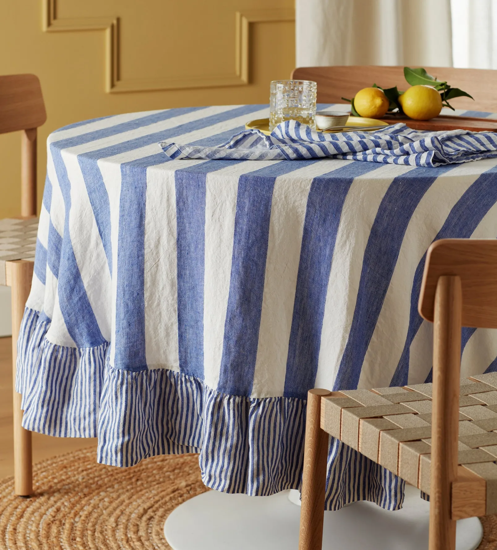 Cobalt Cora 100% Linen Frill Tablecloth