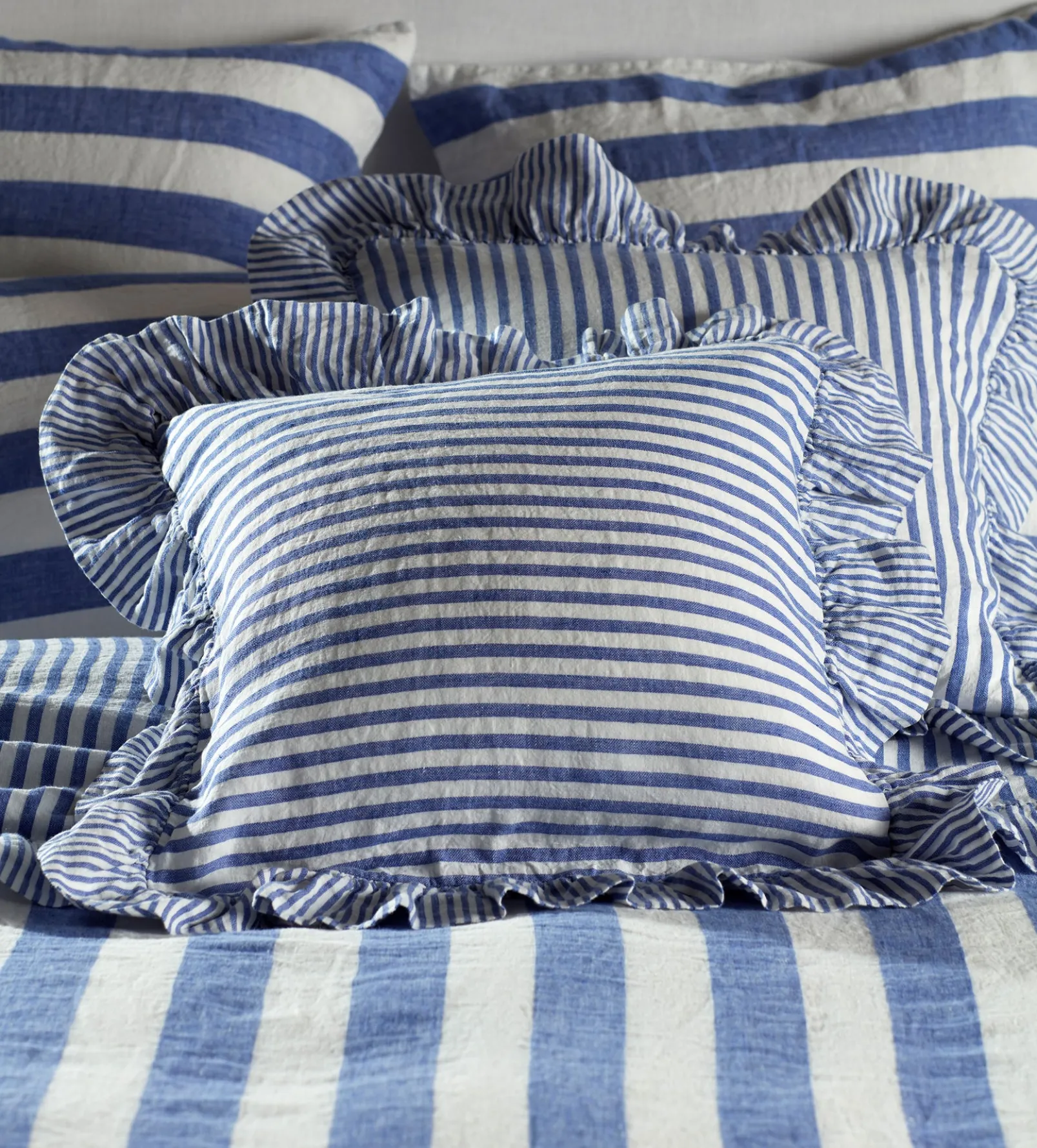 Cobalt Cora Mid Stripe 100% Linen Frill Edge Cushion Cover