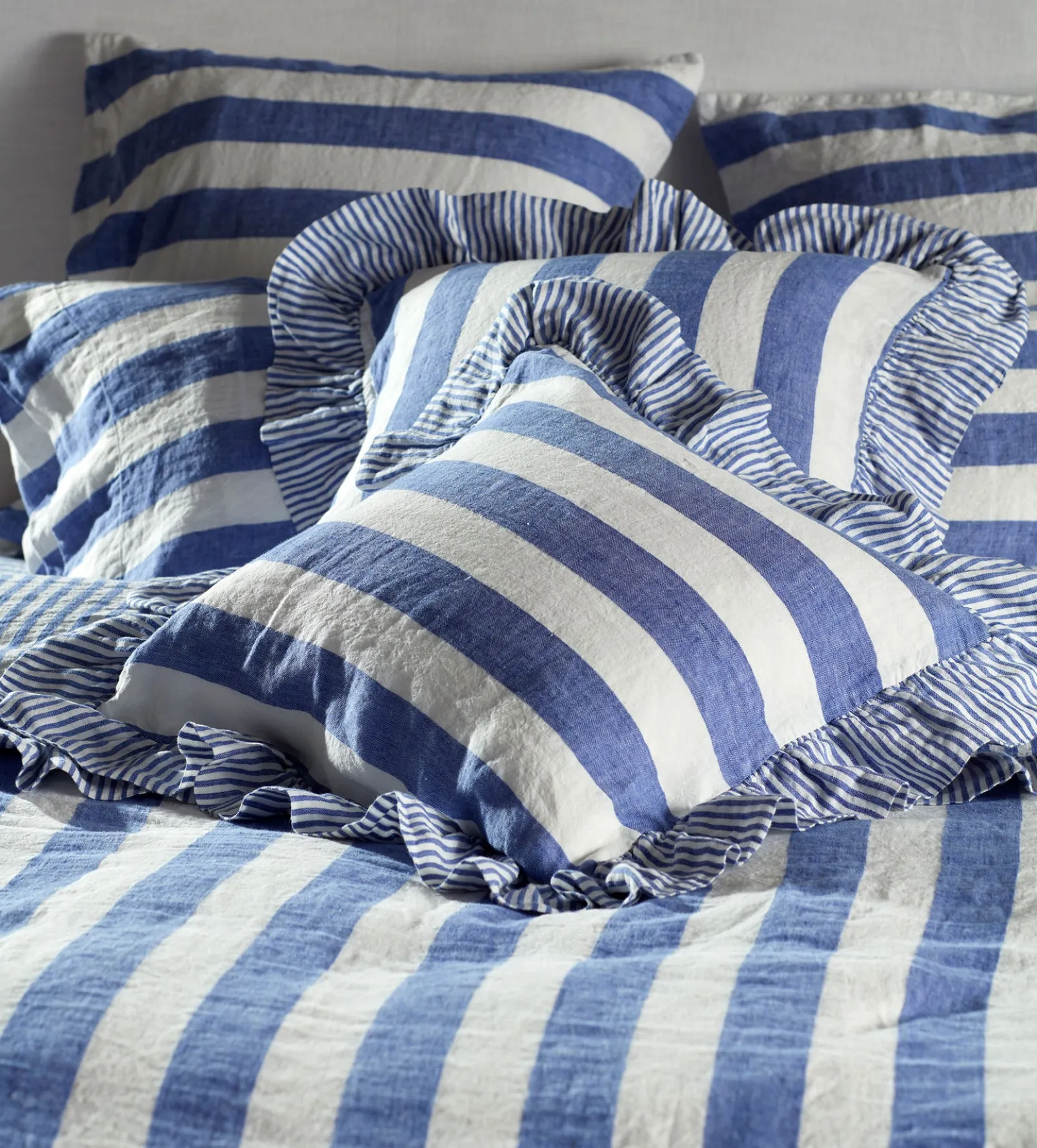 Cobalt Cora Wide Stripe 100% Linen Frill Edge Cushion Cover