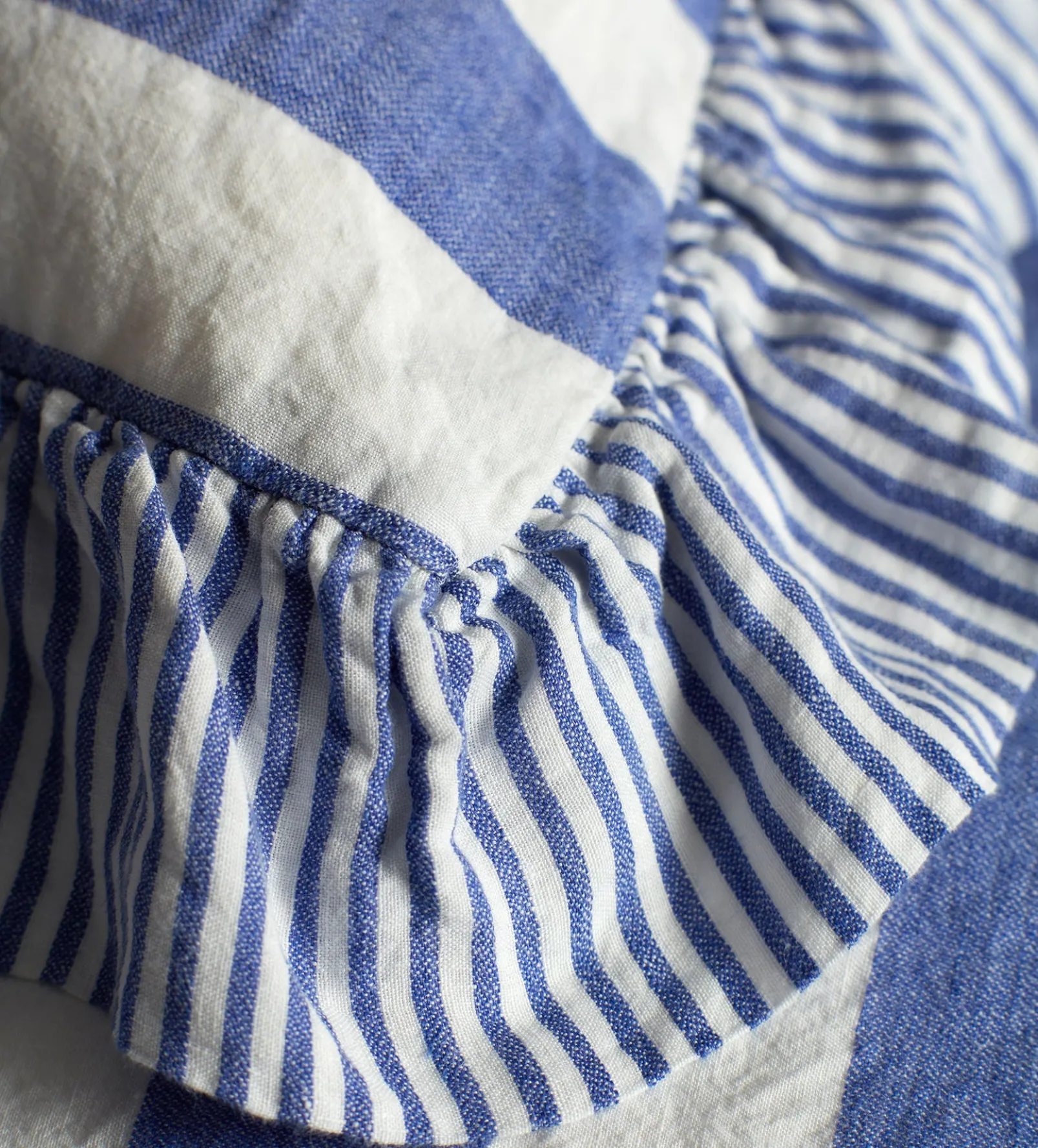 Cobalt Cora Wide Stripe 100% Linen Frill Edge Cushion Cover