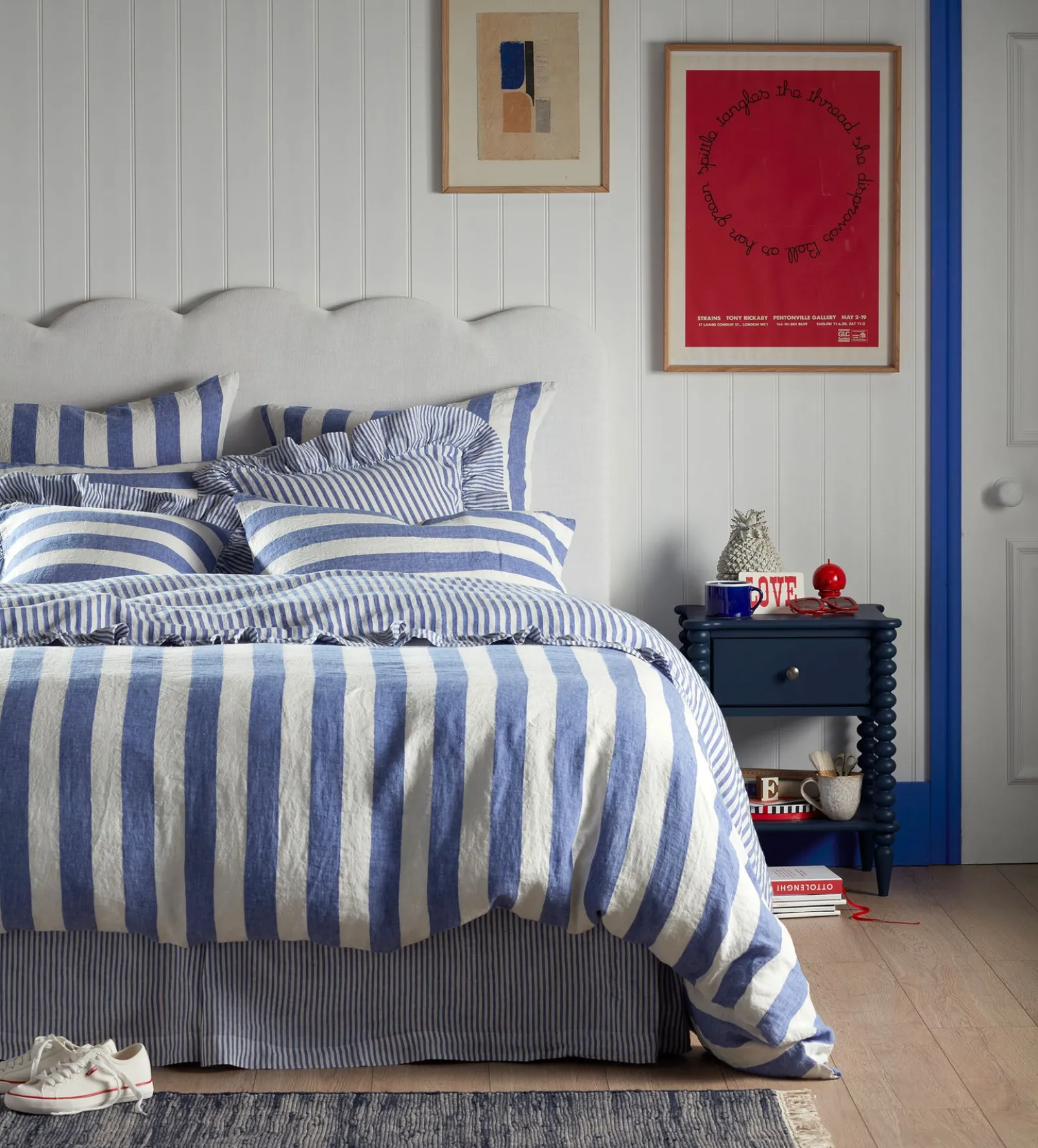 Cobalt Cora Wide Stripe 100% Linen Frill Edge Cushion Cover