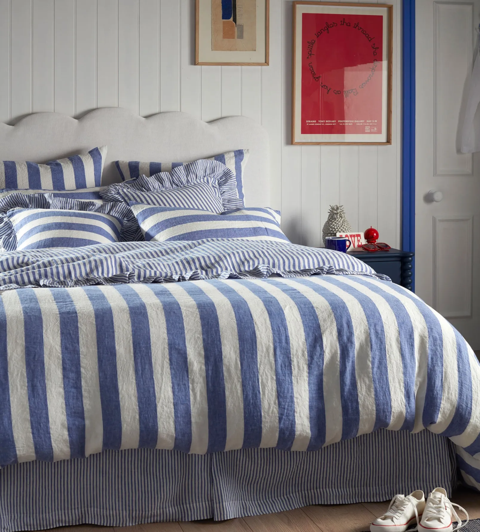 Cobalt Cora Wide Stripe 100% Linen Frill Edge Cushion Cover