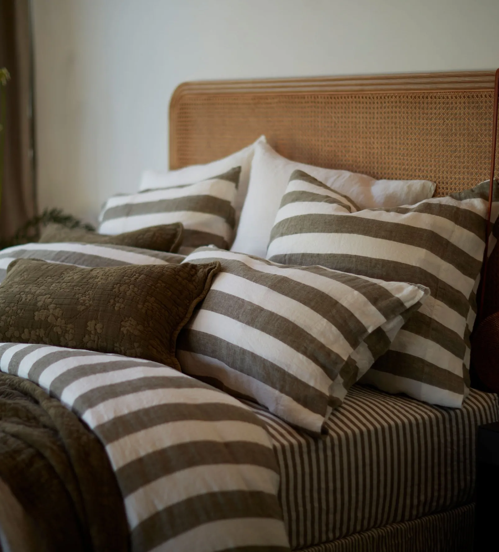 Dark Olive Cora Stripe 100% Linen Fitted Sheet