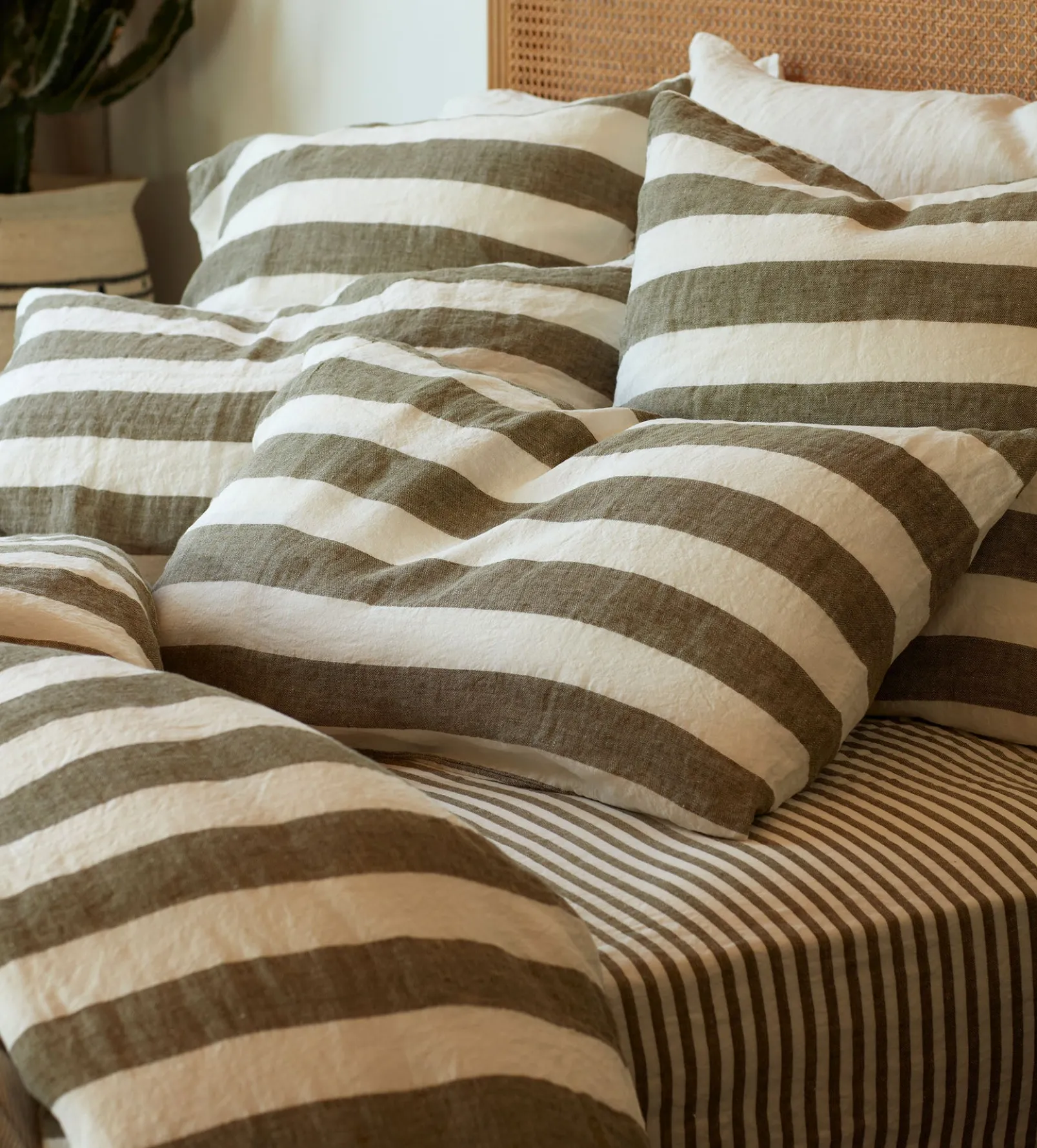 Dark Olive Cora Stripe 100% Linen Pillowcase