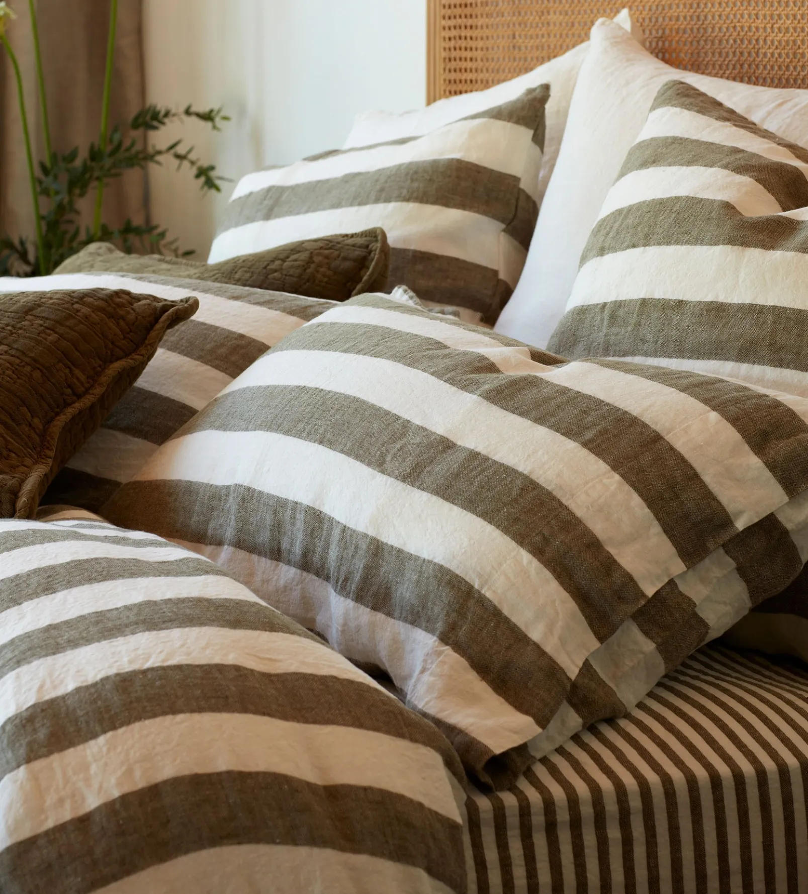 Dark Olive Cora Stripe 100% Linen Pillowcase