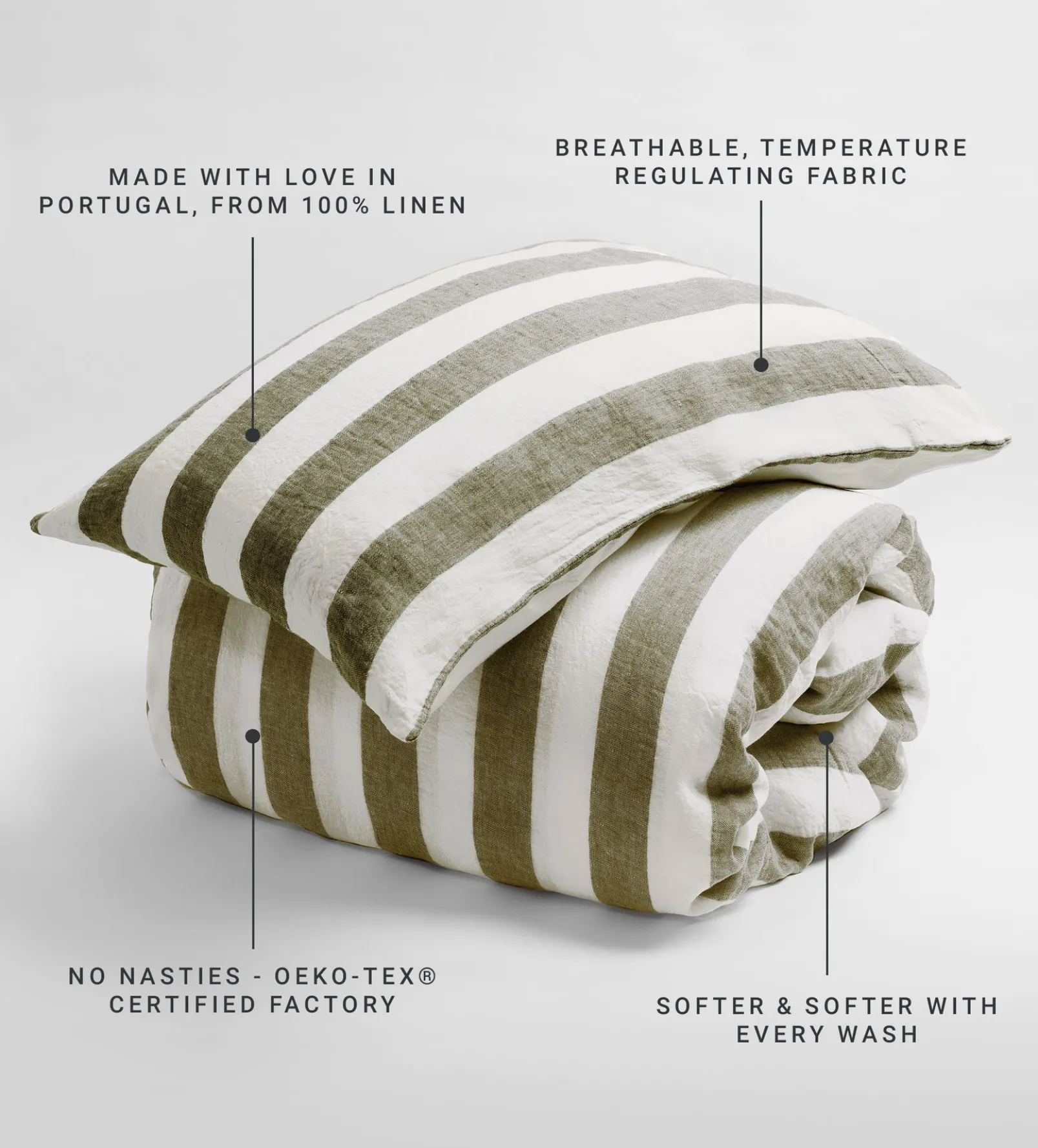 Dark Olive Cora Stripe 100% Linen Pillowcase