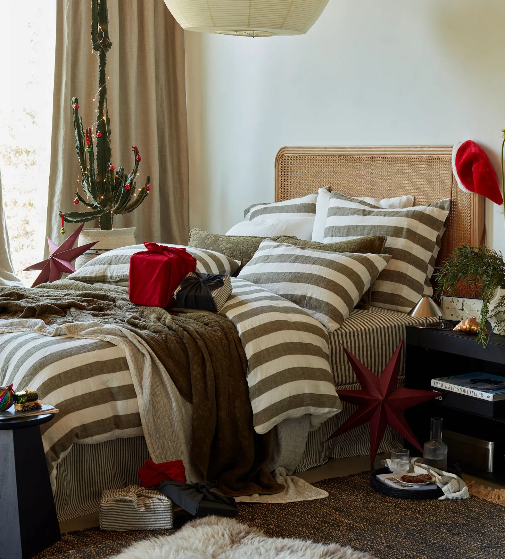 Dark Olive Cora Stripe 100% Linen Duvet Cover