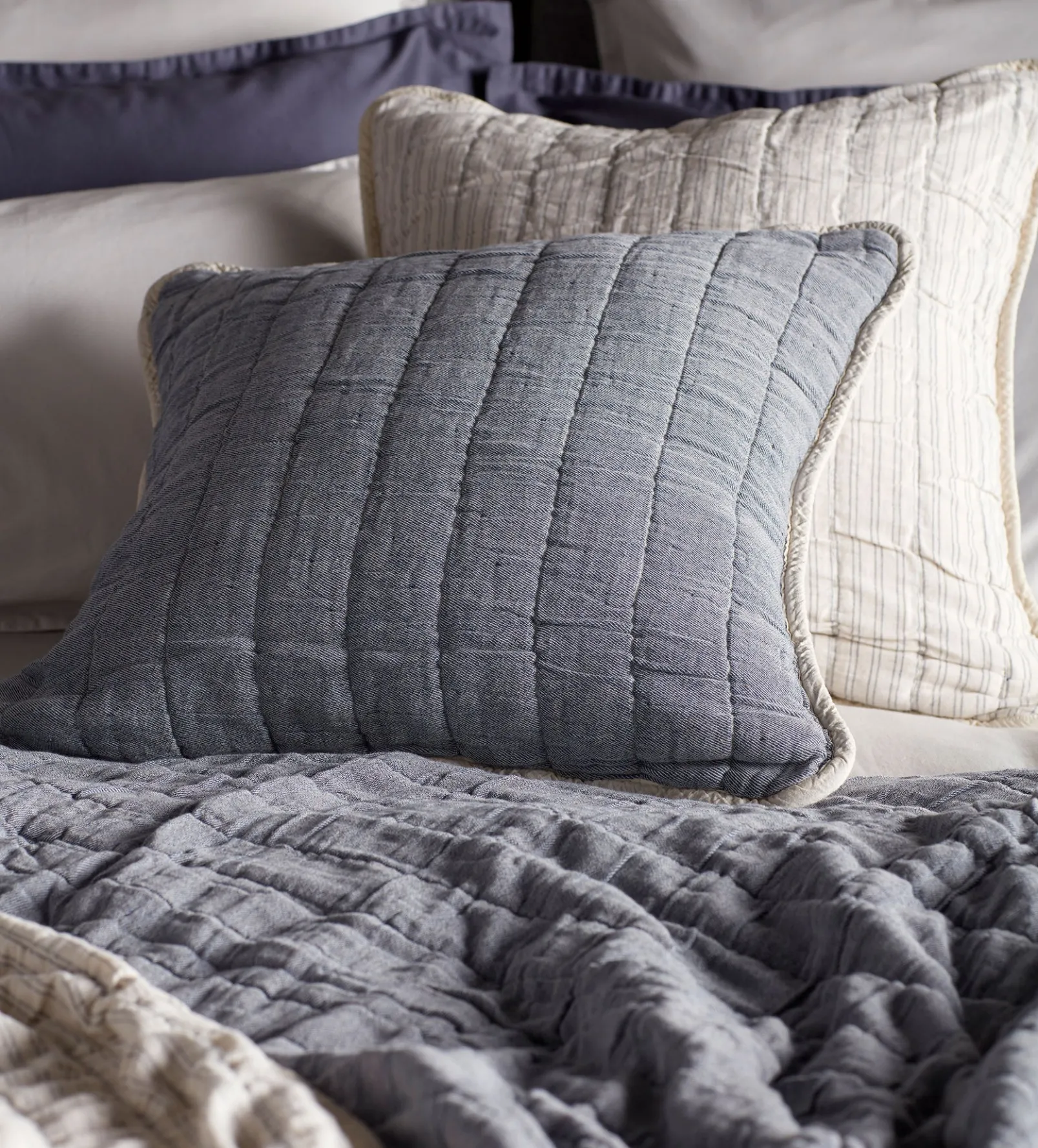 French Blue Vivienne 100% Cotton Quilted Cushion Cover