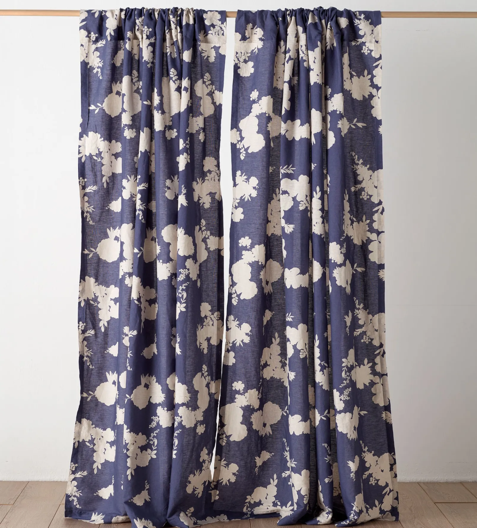Ink Blue Flower Press Linen Blend Loop Top Curtain (Single)