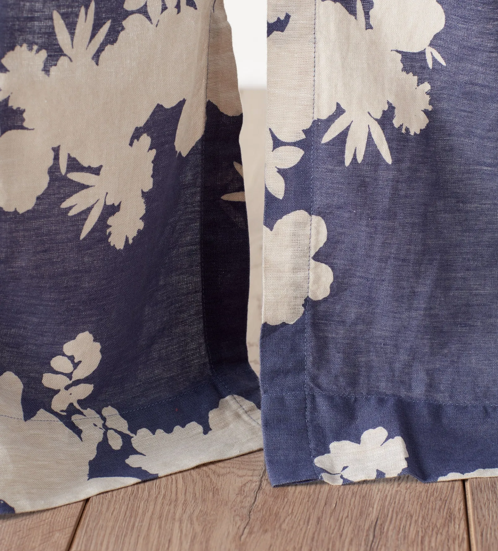 Ink Blue Flower Press Linen Blend Loop Top Curtain (Single)