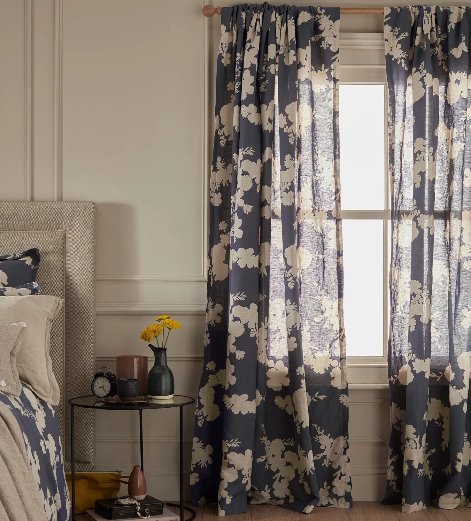 Ink Blue Flower Press Linen Blend Loop Top Curtain (Single)