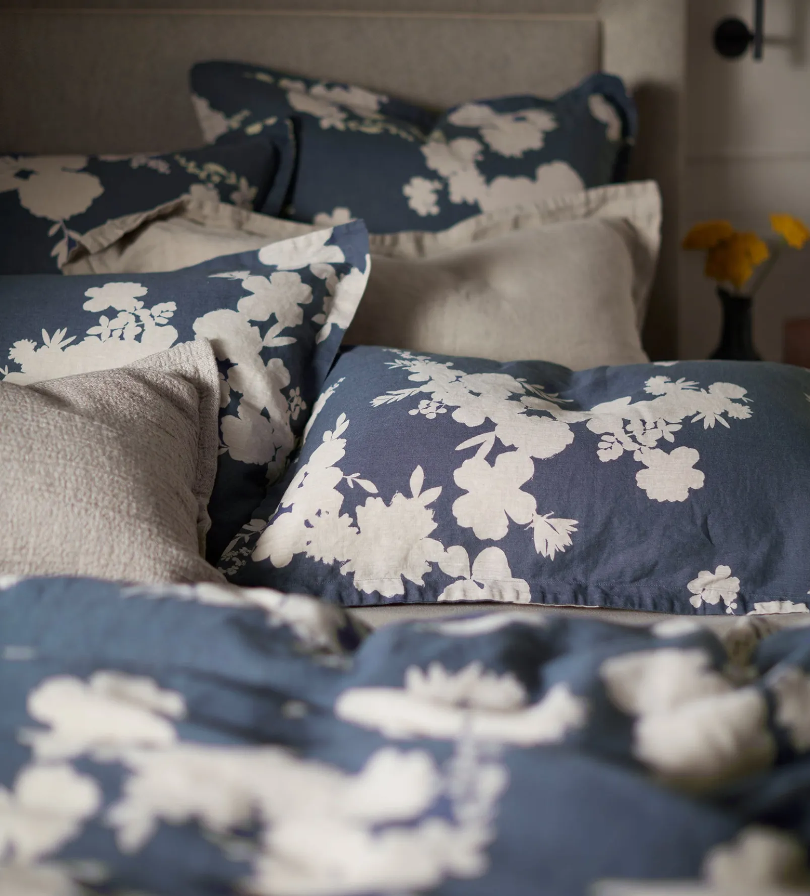 Ink Blue Flower Press Linen Blend Duvet Cover