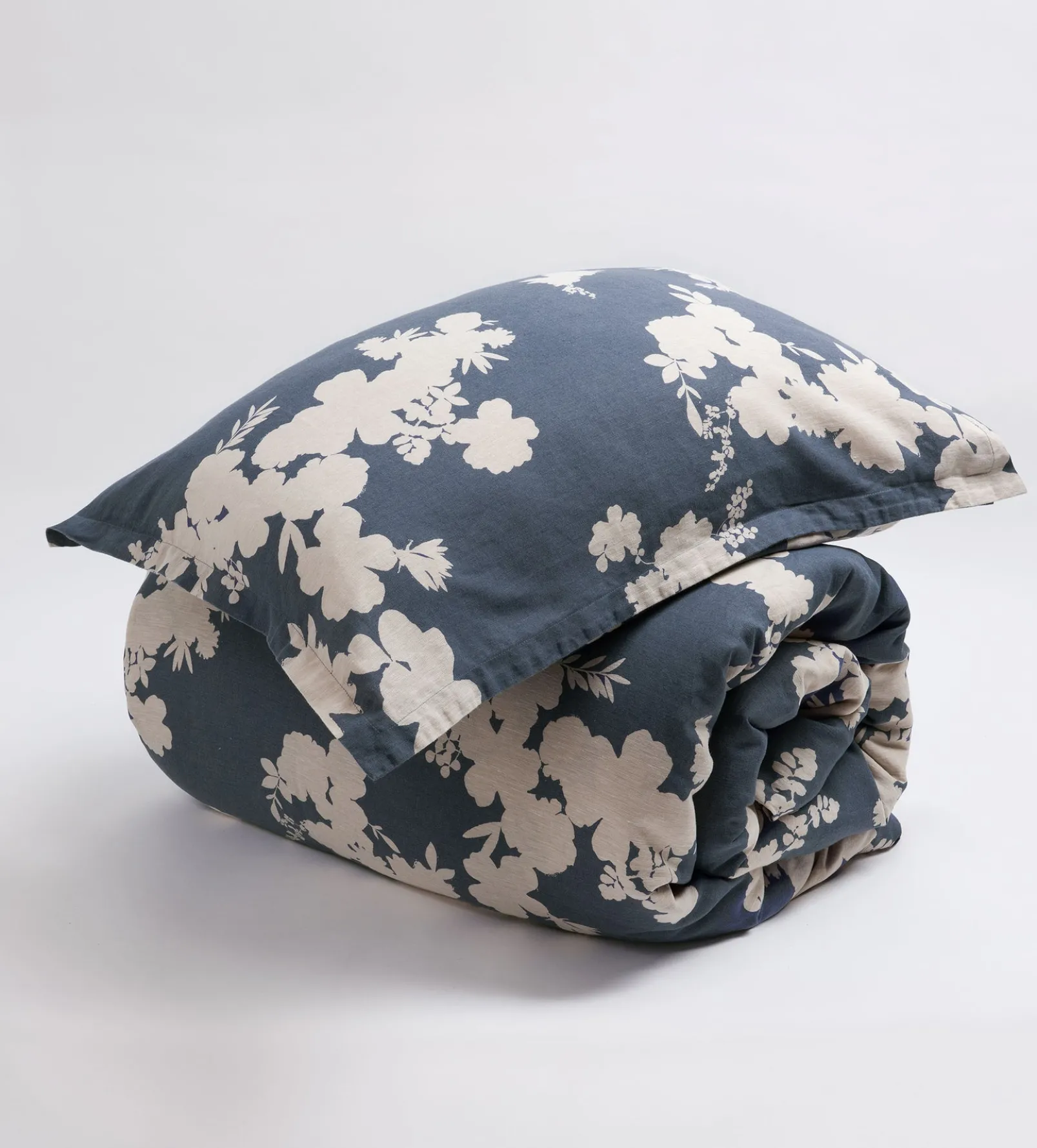 Ink Blue Flower Press Linen Blend Duvet Cover