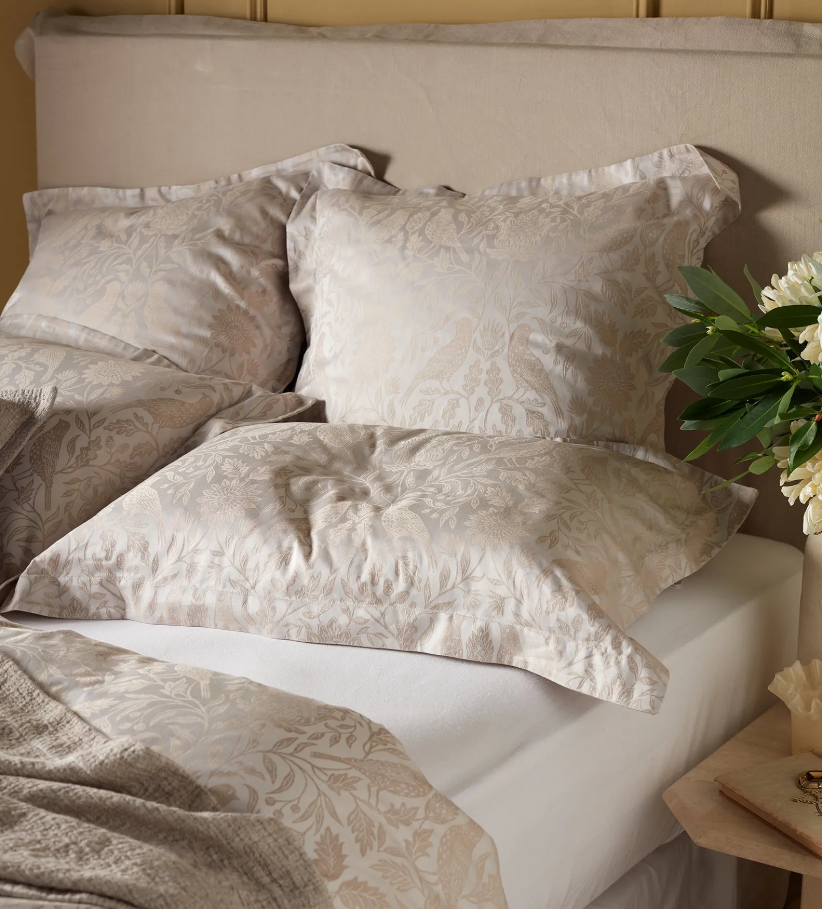 Natural Birdie Jacquard 100% Cotton Pillowcase