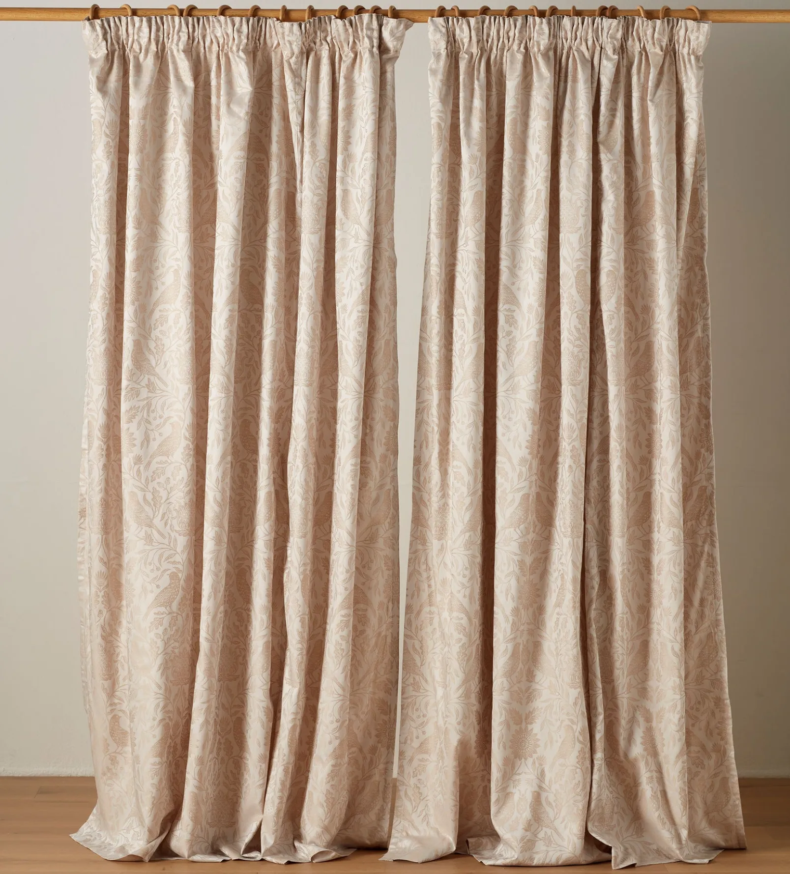 Natural Birdie Jacquard 100% Cotton Lined Pencil Pleat Curtain (Pair)