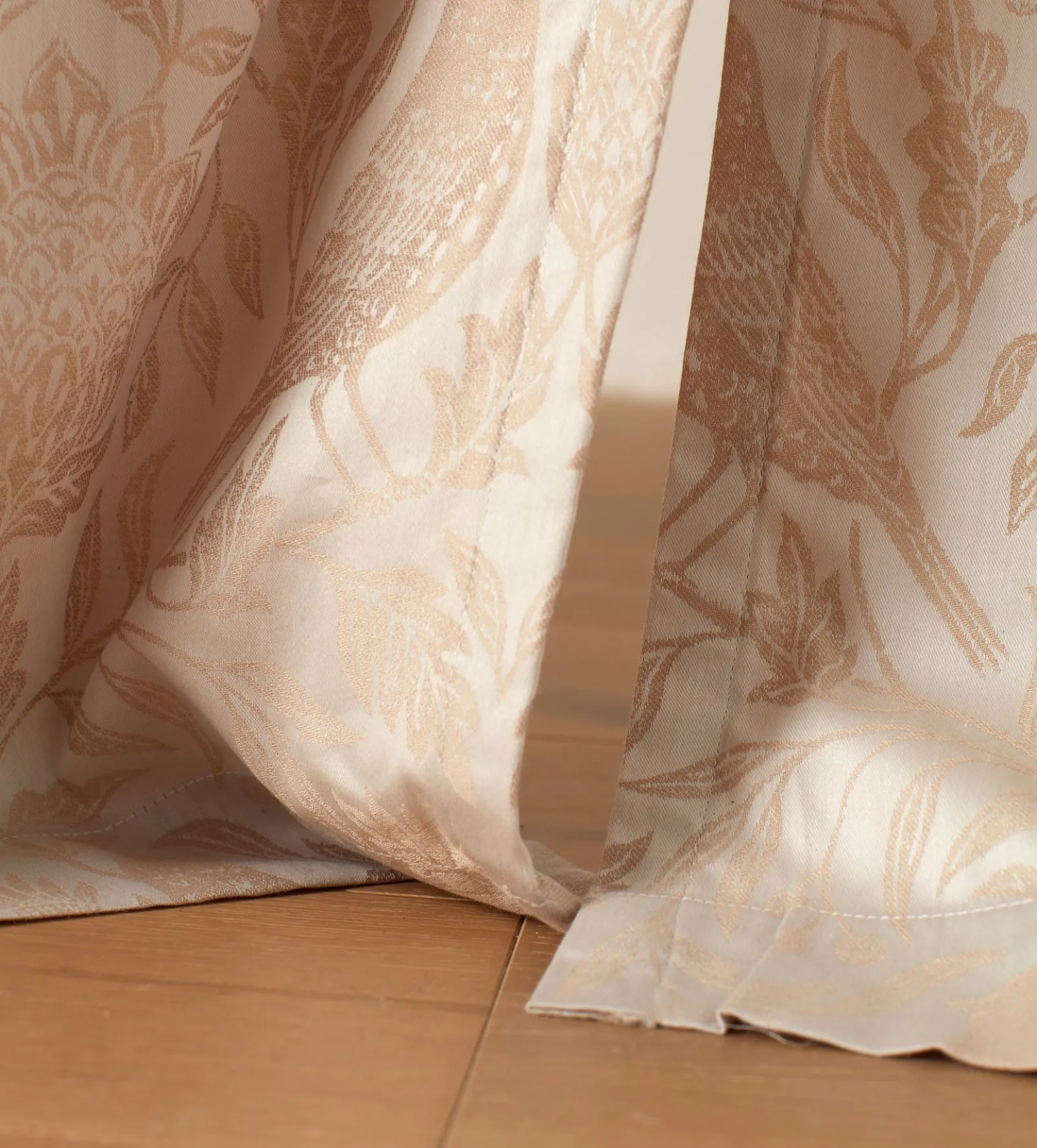 Natural Birdie Jacquard 100% Cotton Lined Pencil Pleat Curtain (Pair)