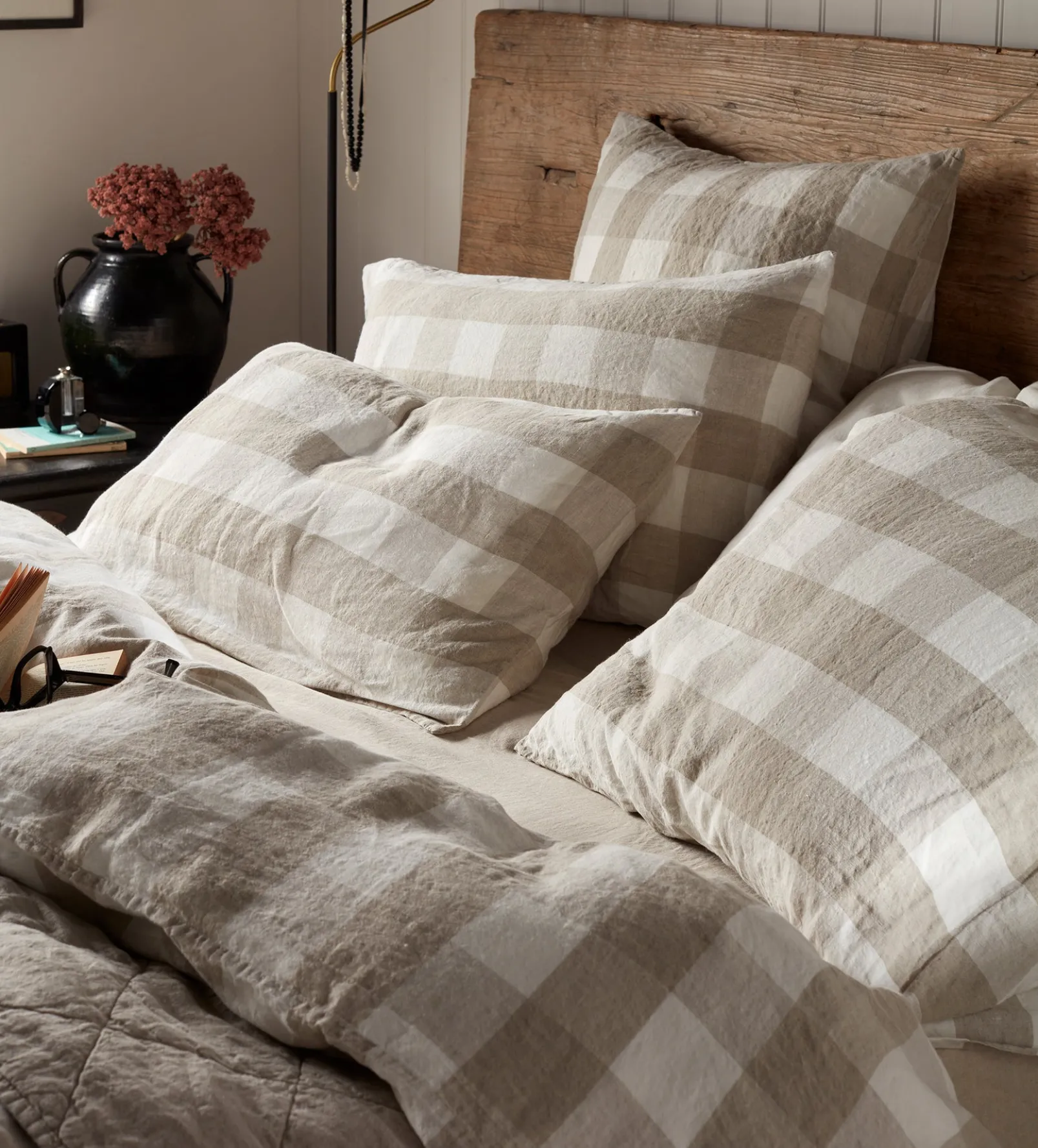 Natural Gracie Gingham 100% Linen Pillowcase