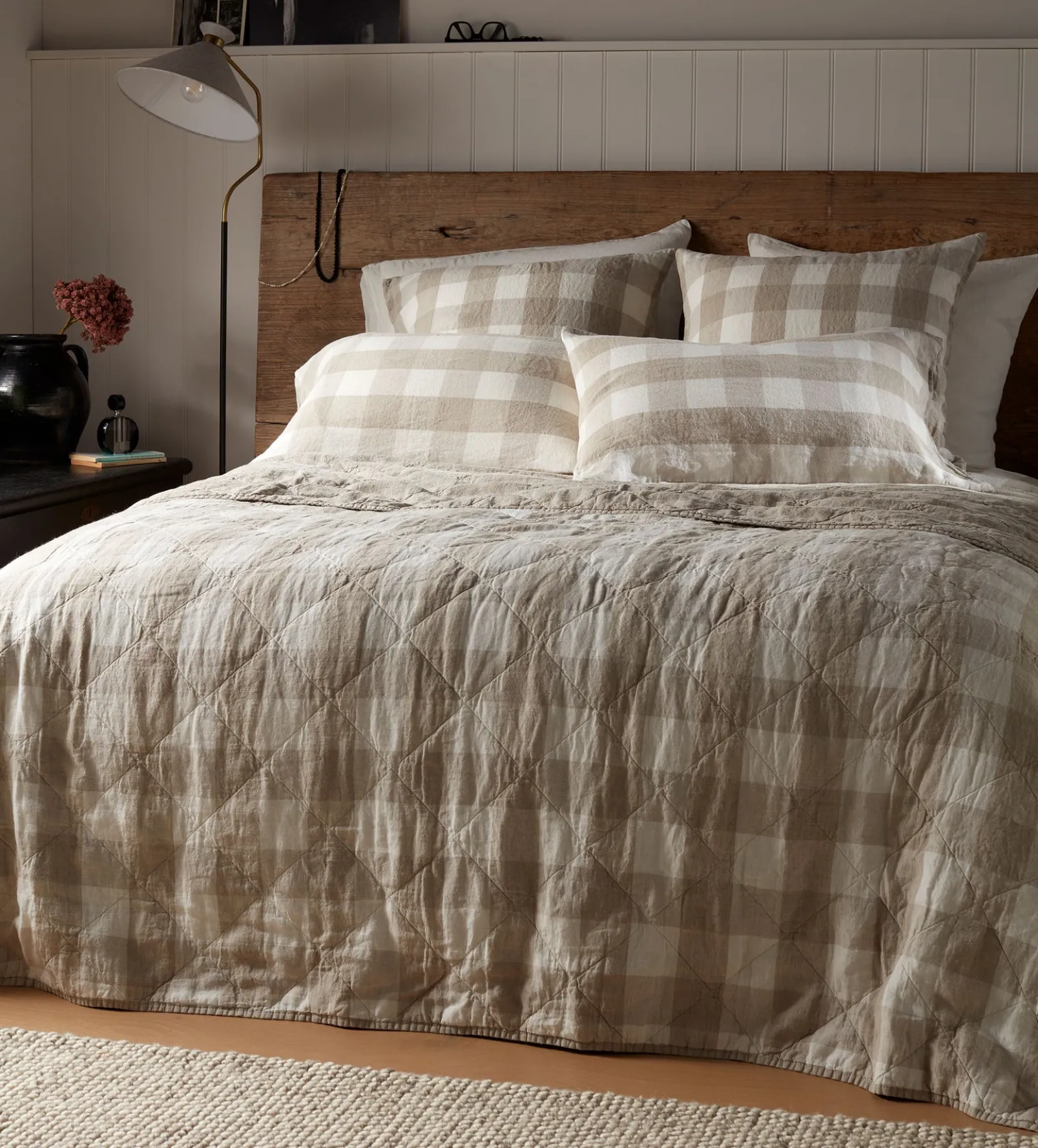 Natural Gracie Gingham Linen Quilted Throw