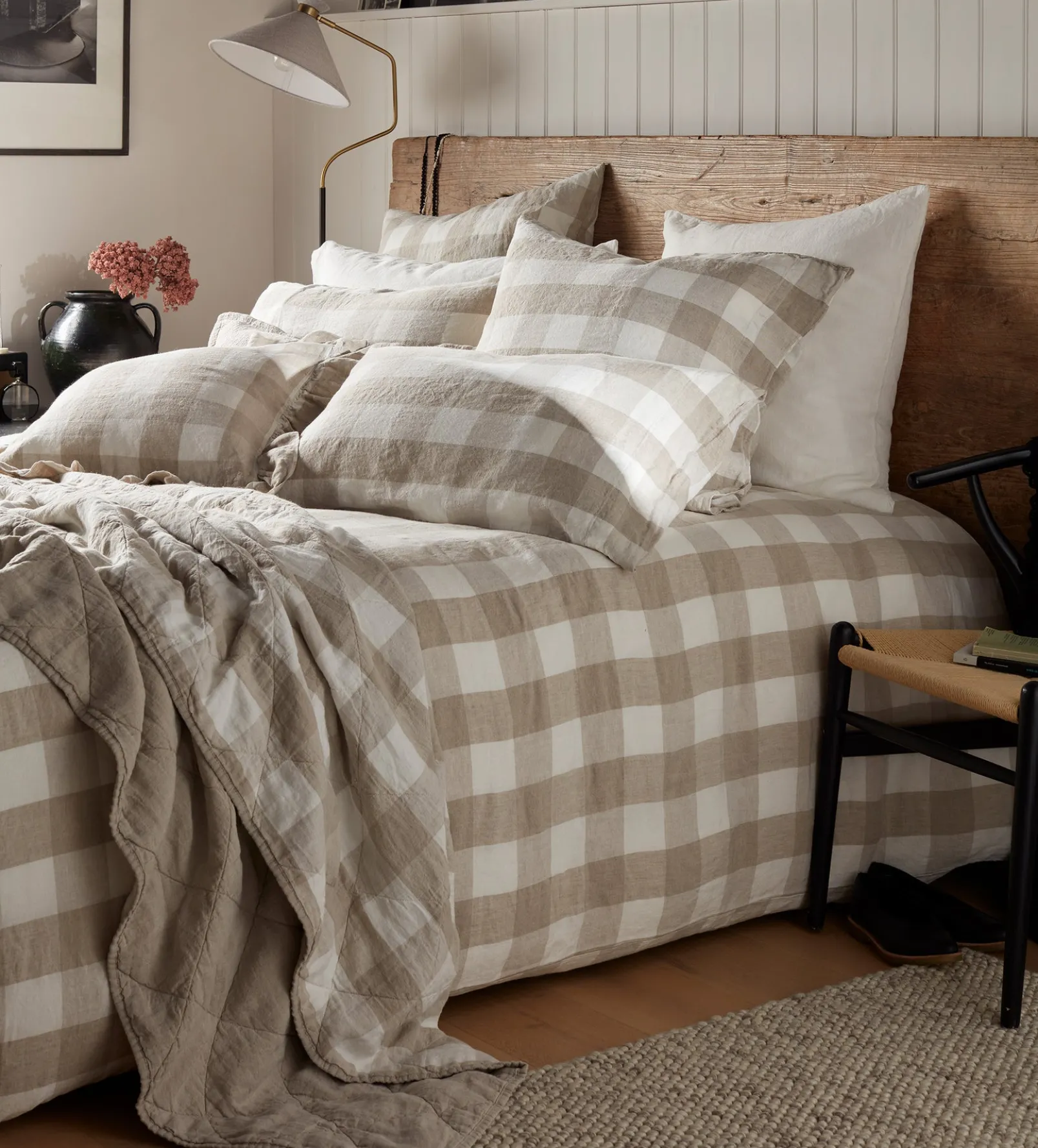 Natural Gracie Gingham Linen Quilted Throw