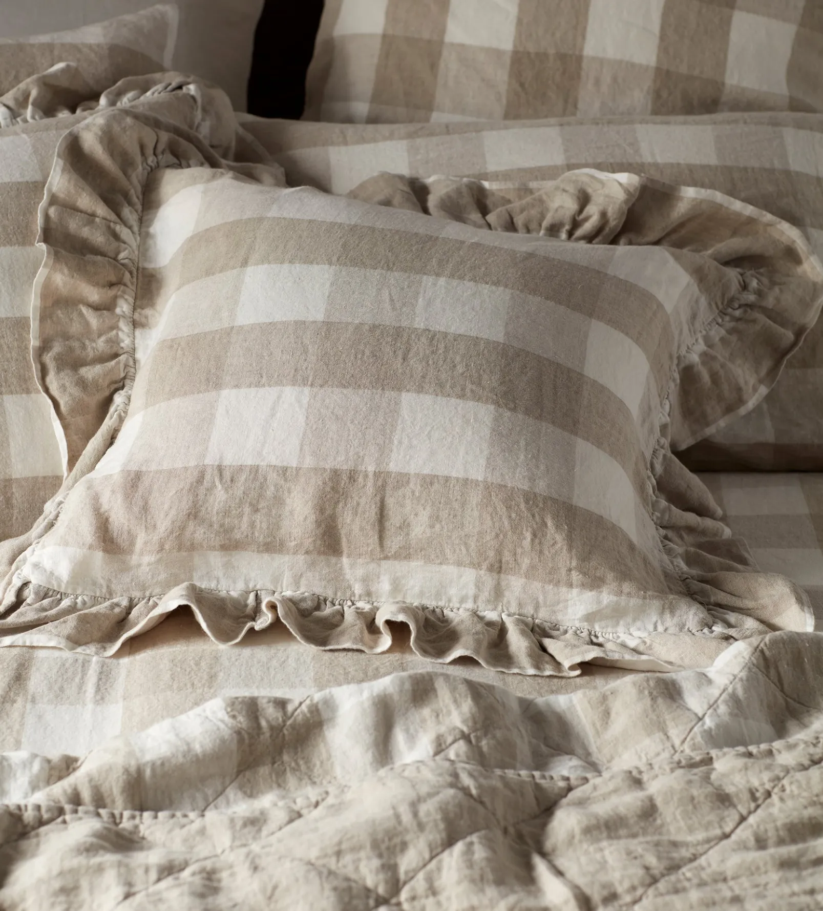 Natural Gracie Gingham 100% Linen Cushion Cover Small Square