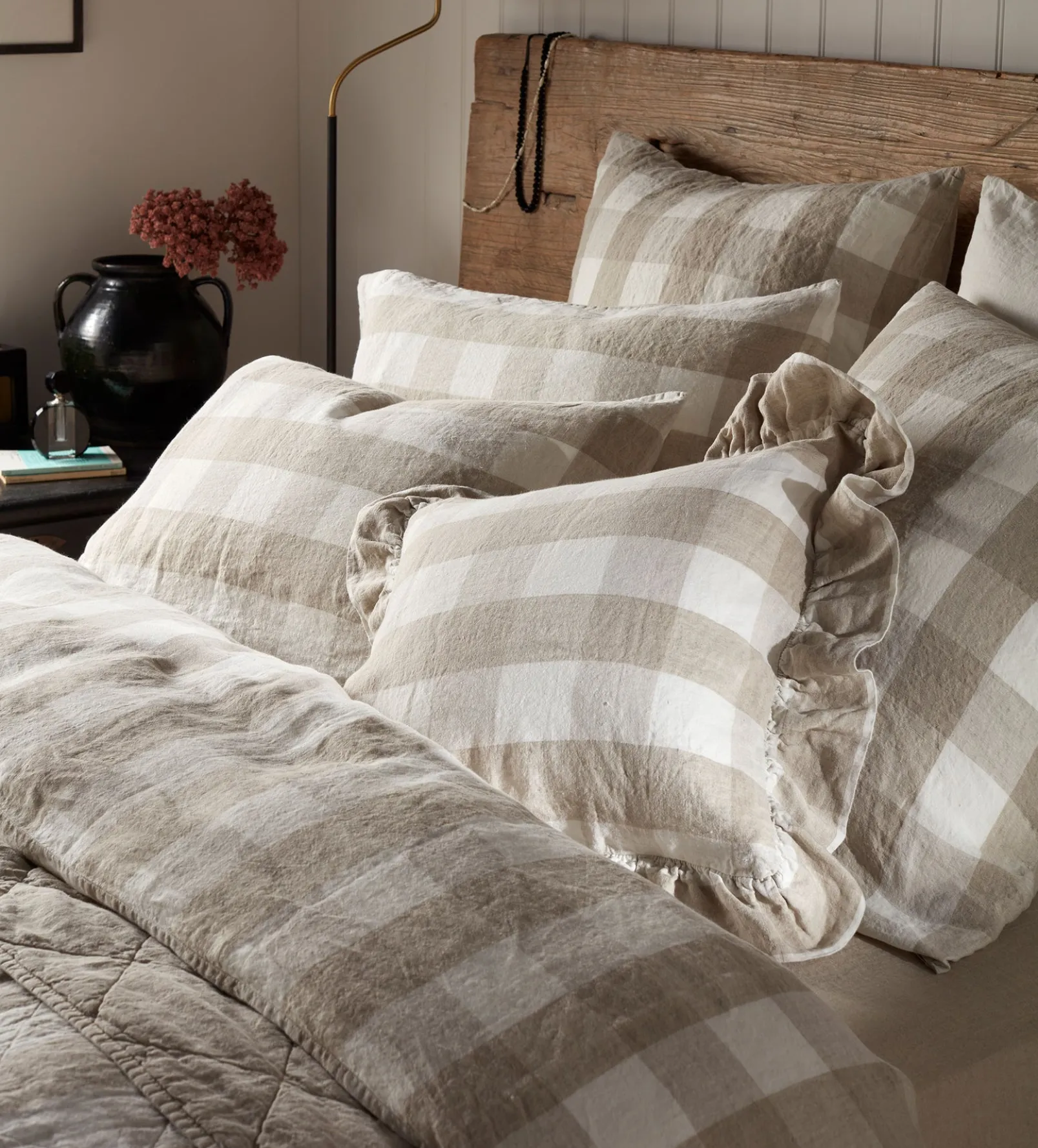 Natural Gracie Gingham 100% Linen Cushion Cover Small Square