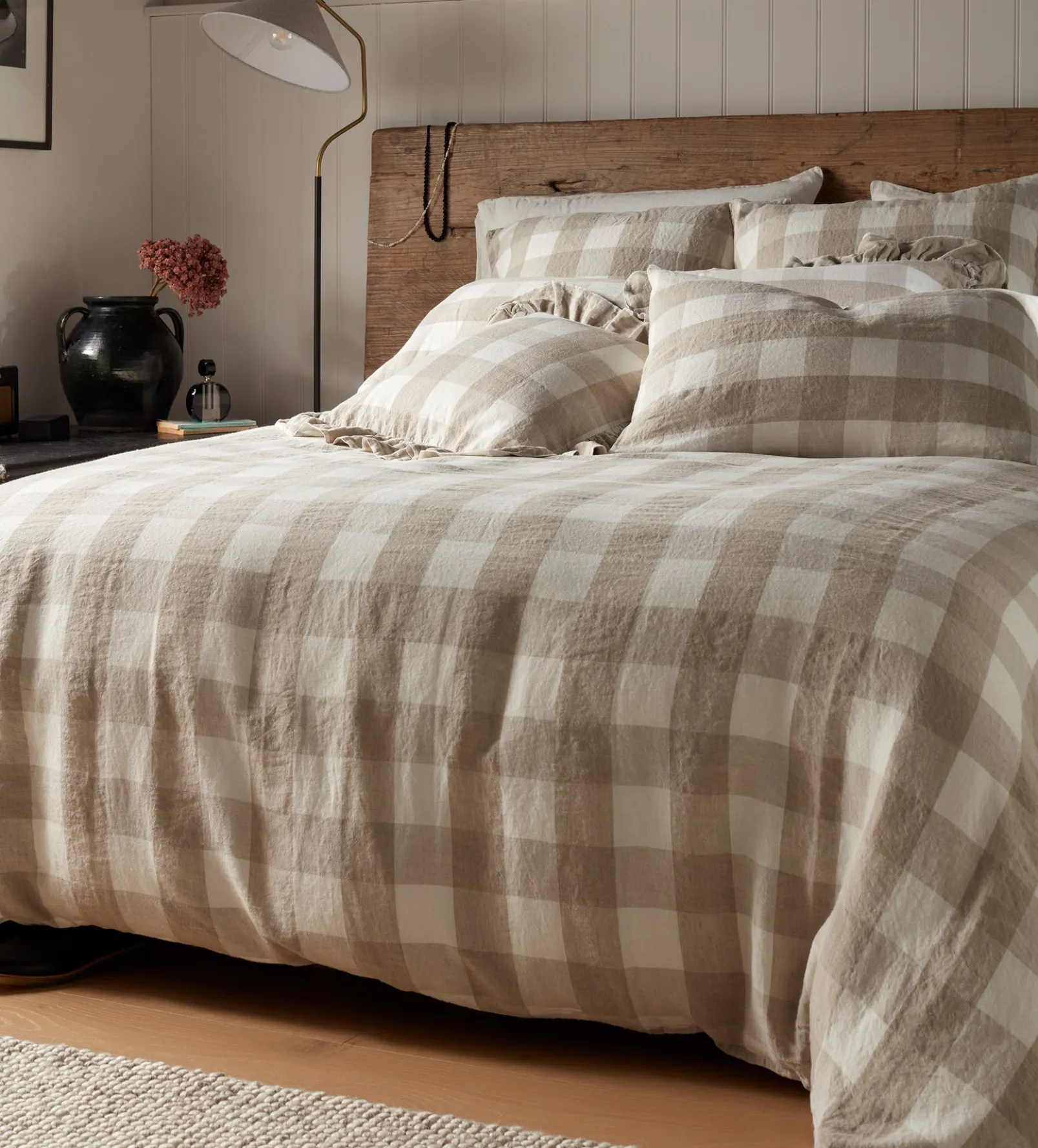 Natural Gracie Gingham 100% Linen Cushion Cover Small Square