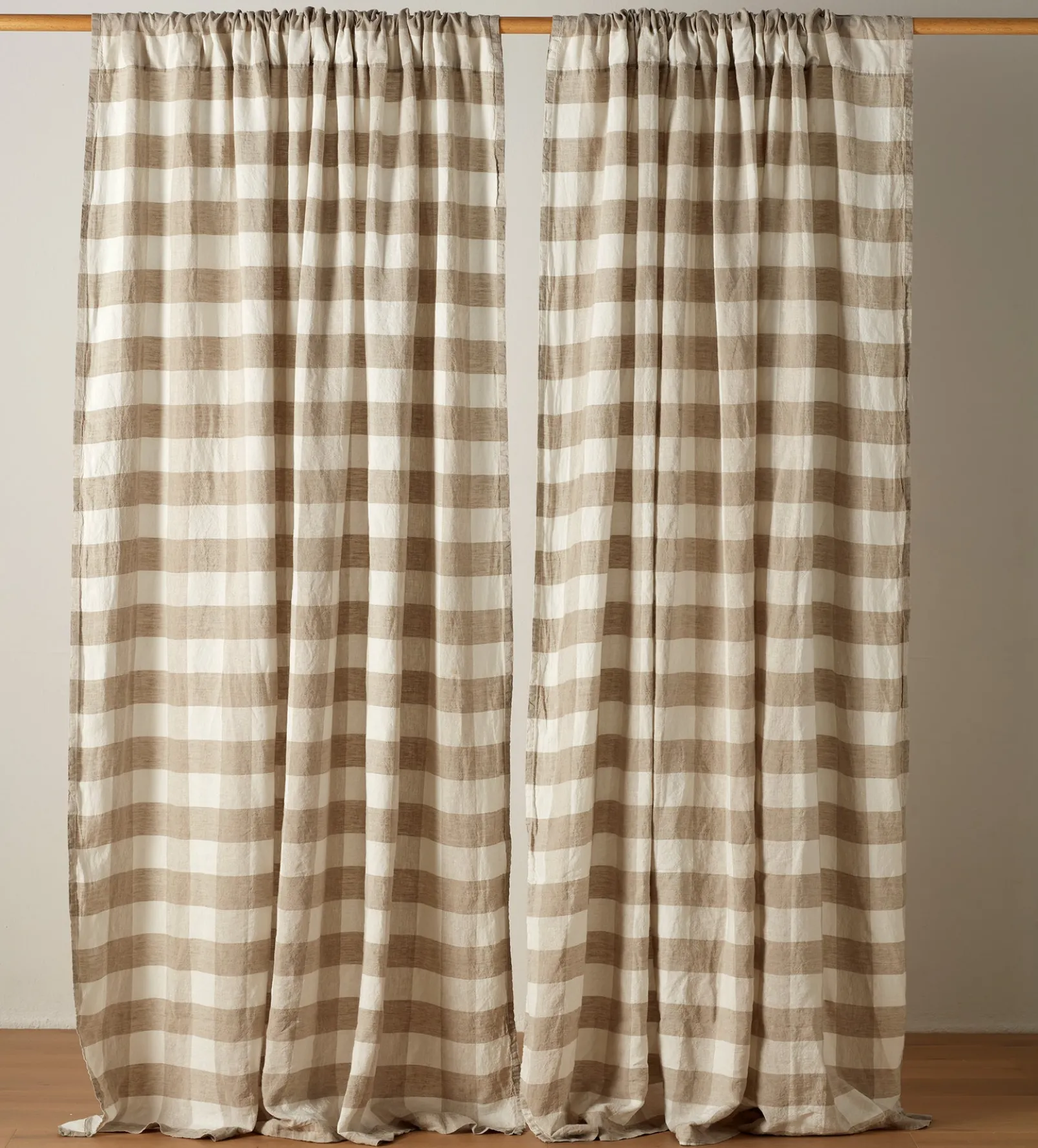 Natural Gracie Gingham 100% Linen Loop Top Curtain (Single)