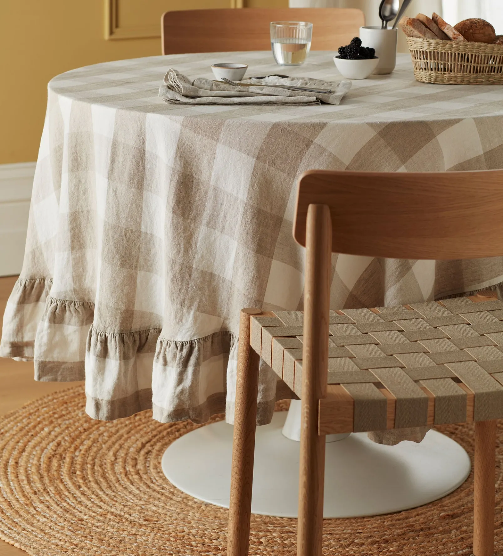 Natural Gracie Gingham 100% Linen Frill Tablecloth