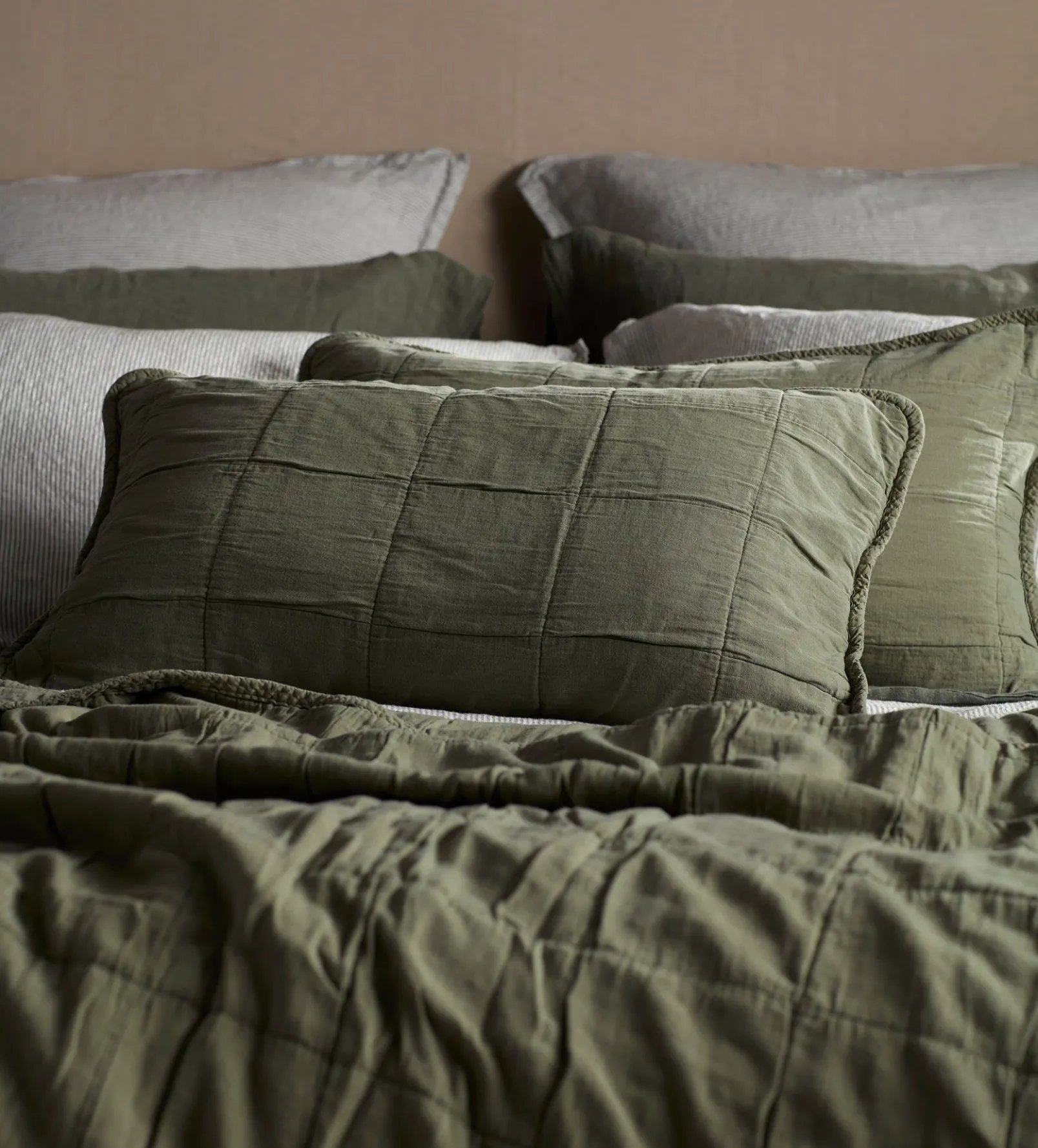 Olive Green Finn 100% Cotton Quilted Cushion Cover