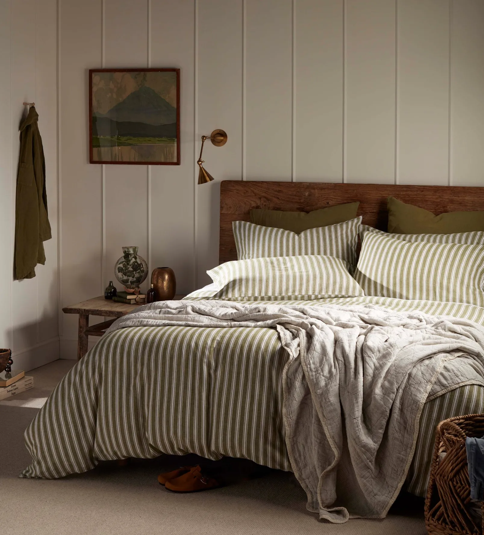 Olive Green Fred Stripe Brushed 100% Organic Cotton Duvet Cover