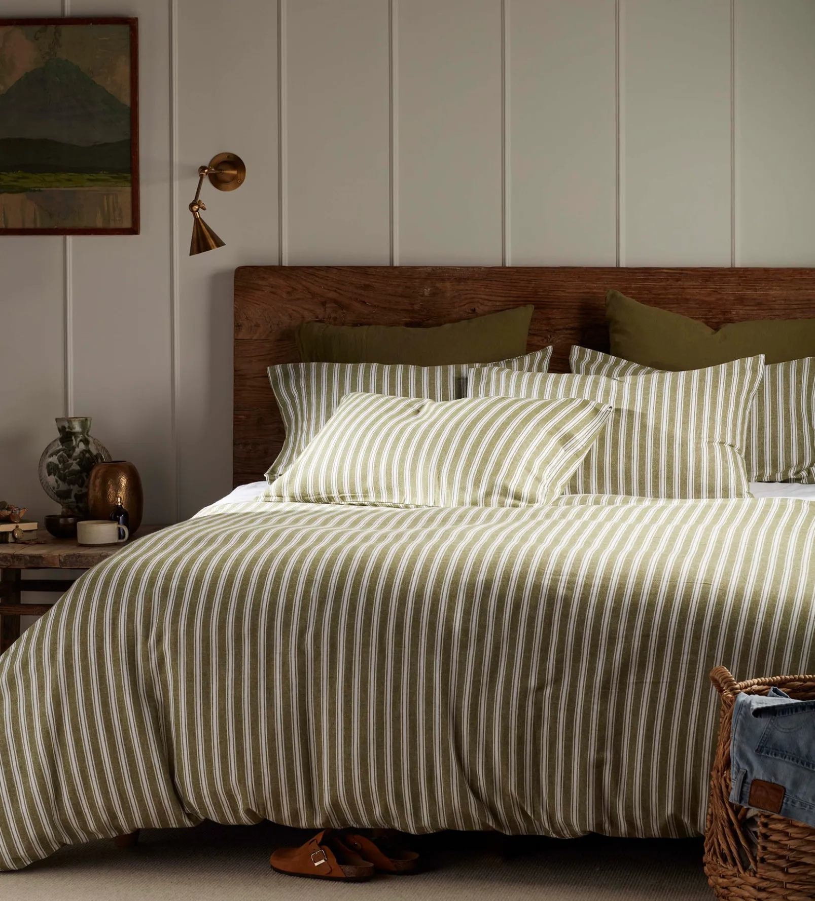Olive Green Fred Stripe Brushed 100% Organic Cotton Duvet Cover