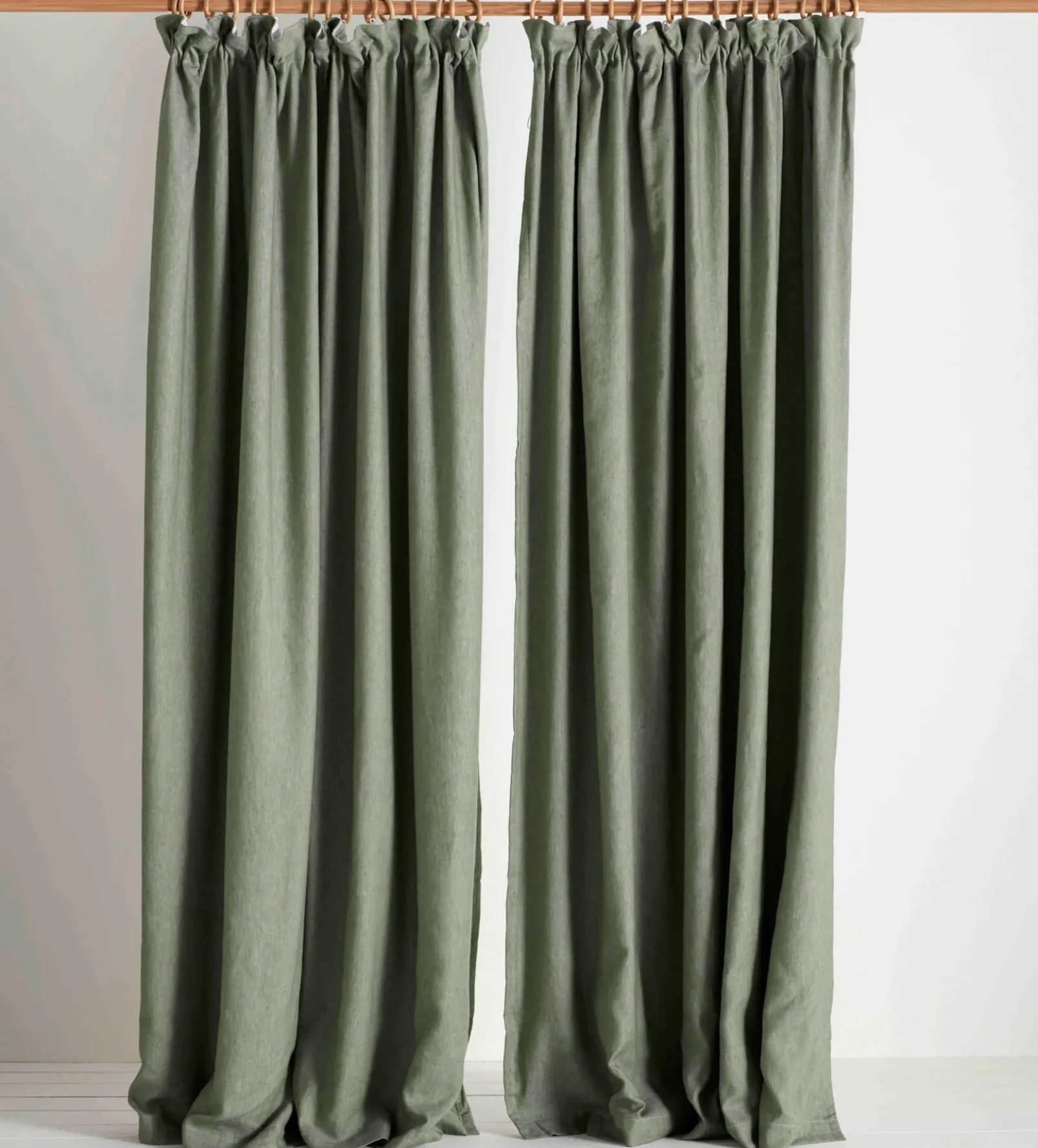 Olive Green Twill Cotton Linen Blackout Pencil Pleat Curtains (Pair)