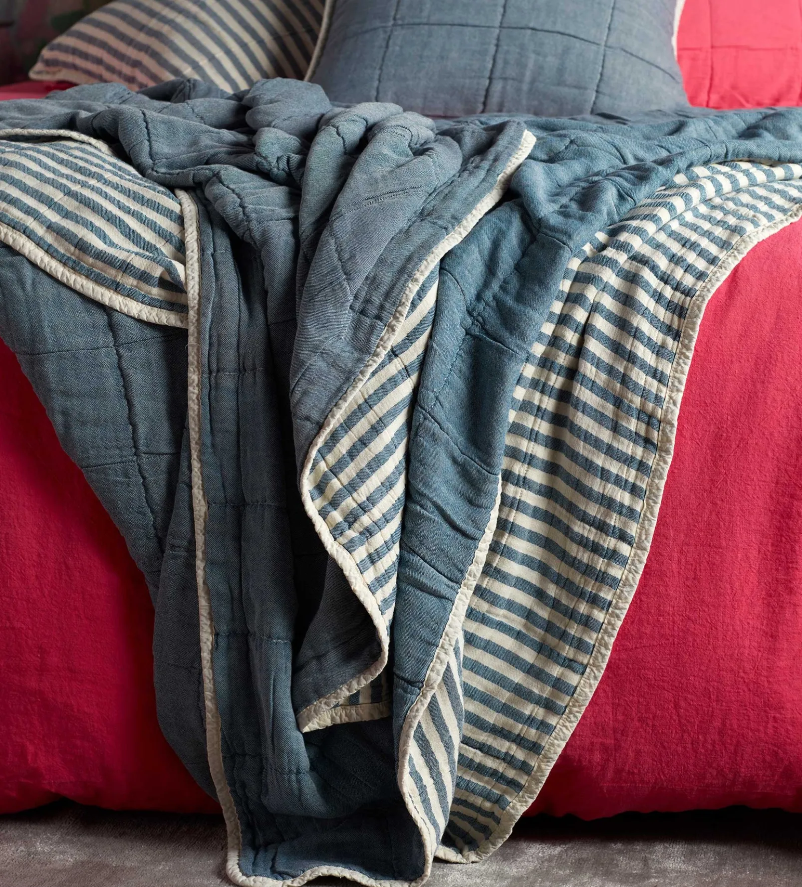 Teal Sam Stripe 100% Cotton Quilted Throw